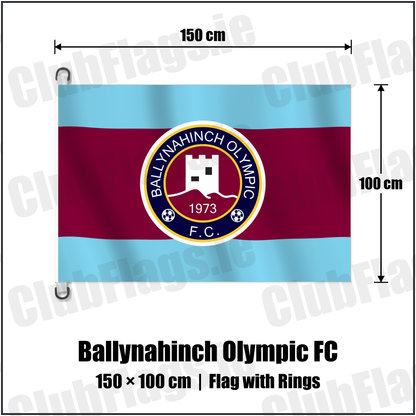 Ballynahinch Olympic FC 150cm x 100cm Flag Pole Flag with Rings with the club crest and colours, Down Football - ClubFlags.ie