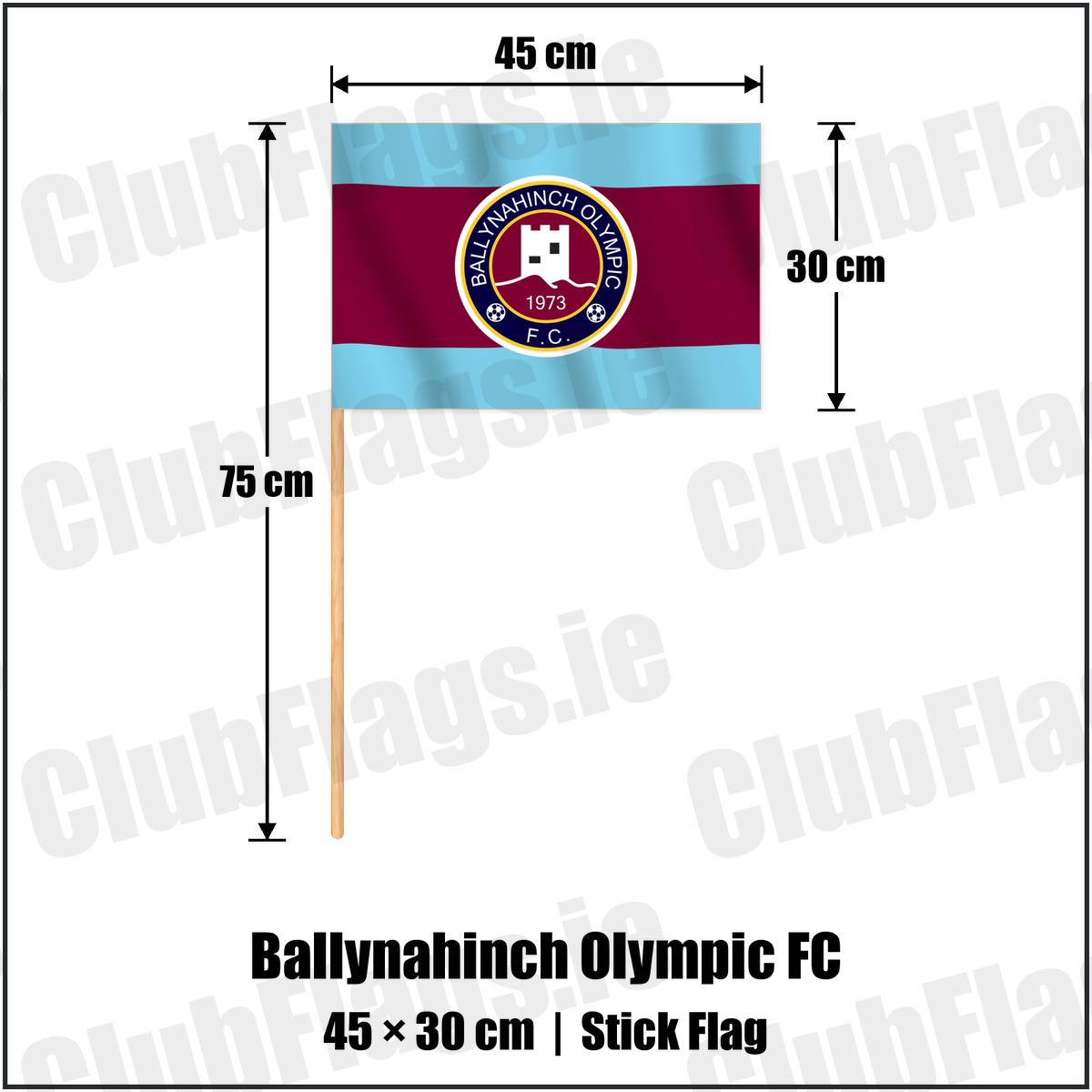 Ballynahinch Olympic FC 30cm x 45cm Stick Flag with the club crest and colours, Down Football - ClubFlags.ie