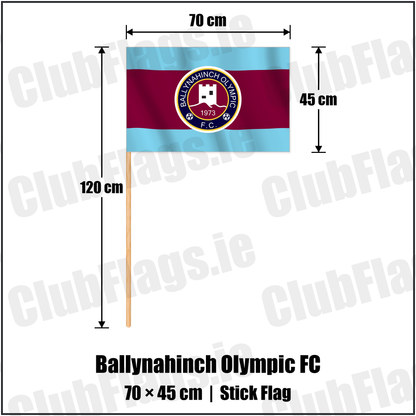 Ballynahinch Olympic FC 45cm x 70cm Stick Flag with the club crest and colours, Down Football - ClubFlags.ie