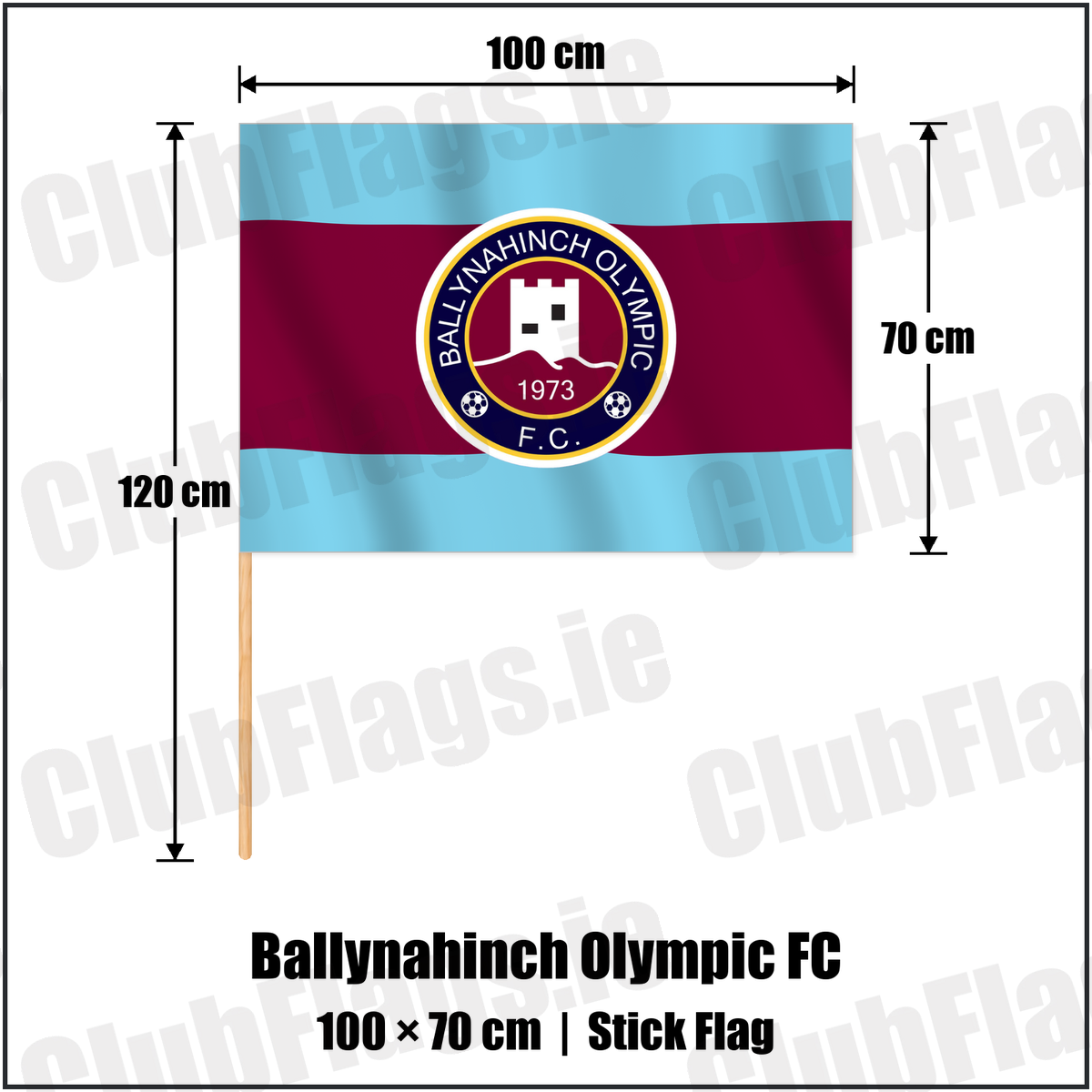 Ballynahinch Olympic FC 70cm x 100cm Stick Flag with the club crest and colours, Down Football - ClubFlags.ie