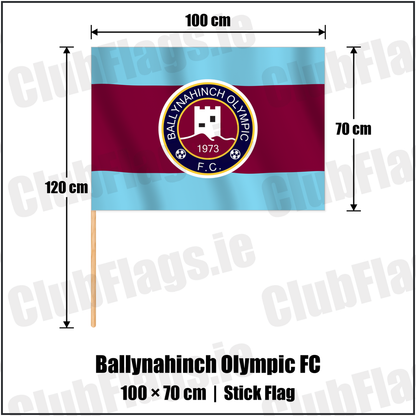 Ballynahinch Olympic FC 70cm x 100cm Stick Flag with the club crest and colours, Down Football - ClubFlags.ie