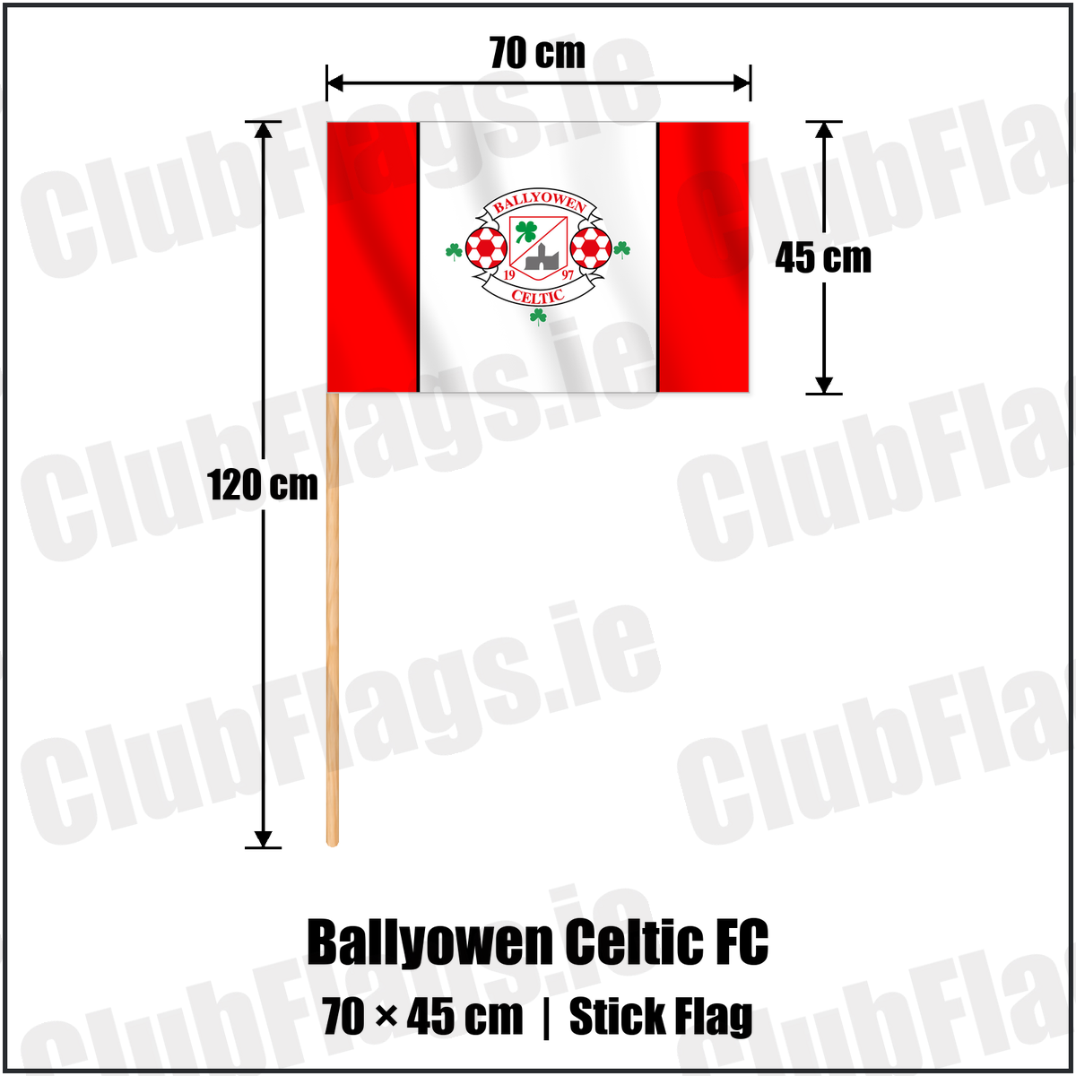 Ballyowen Celtic FC 45cm x 70cm Stick Flag with the club crest and colours, Dublin Football - ClubFlags.ie