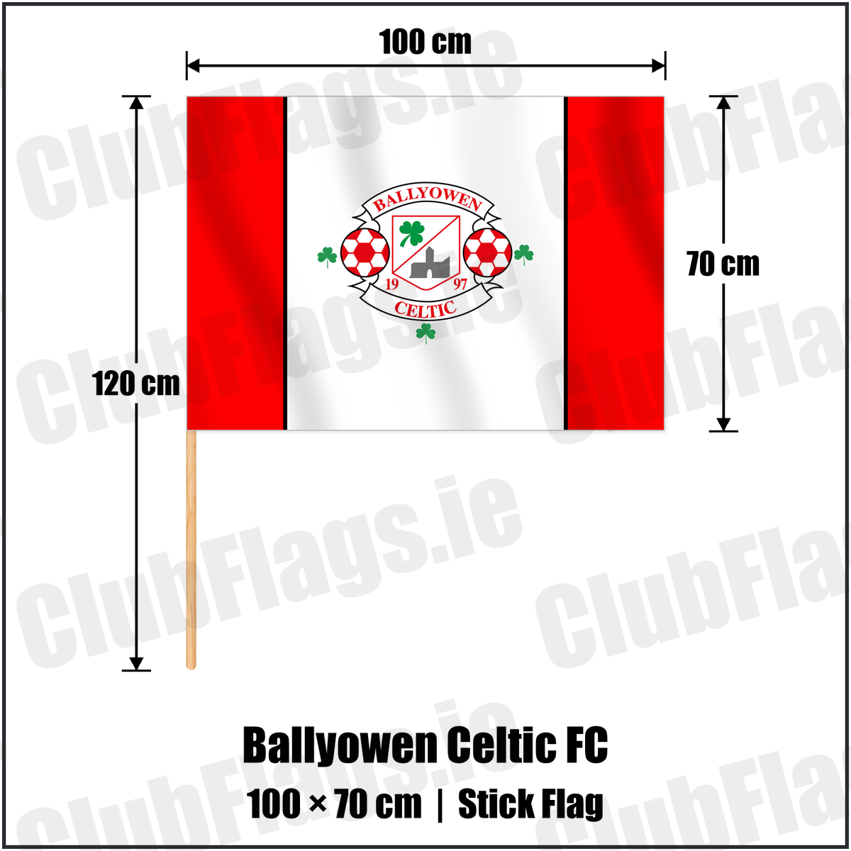 Ballyowen Celtic FC 70cm x 100cm Stick Flag with the club crest and colours, Dublin Football - ClubFlags.ie