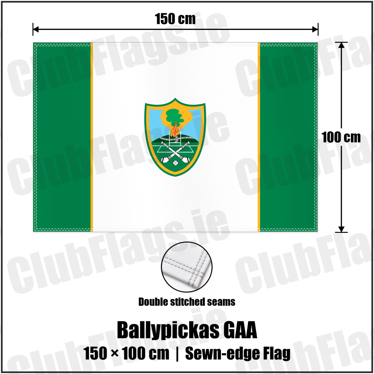 Ballypickas GAA 100cm x 150cm Flag (sewn on the edges) with the club crest and colours, Laois GAA - ClubFlags.ie