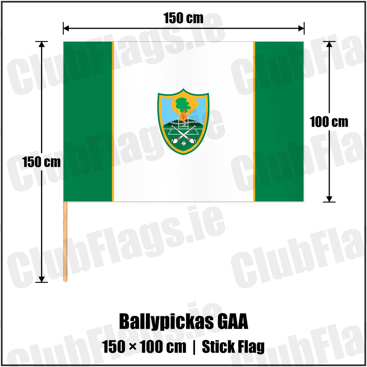 Ballypickas GAA 100cm x 150cm Stick Flag with the club crest and colours, Laois GAA - ClubFlags.ie