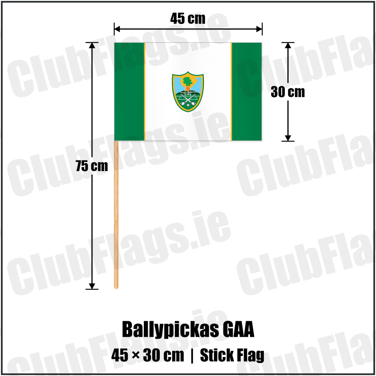 Ballypickas GAA 30cm x 45cm Stick Flag with the club crest and colours, Laois GAA - ClubFlags.ie