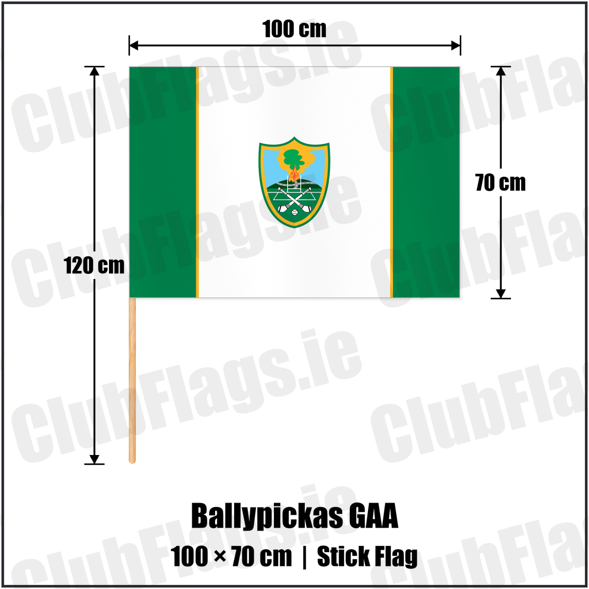 Ballypickas GAA 70cm x 100cm Stick Flag with the club crest and colours, Laois GAA - ClubFlags.ie