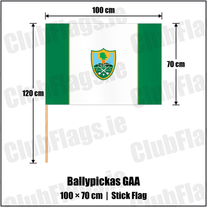 Ballypickas GAA 70cm x 100cm Stick Flag with the club crest and colours, Laois GAA - ClubFlags.ie
