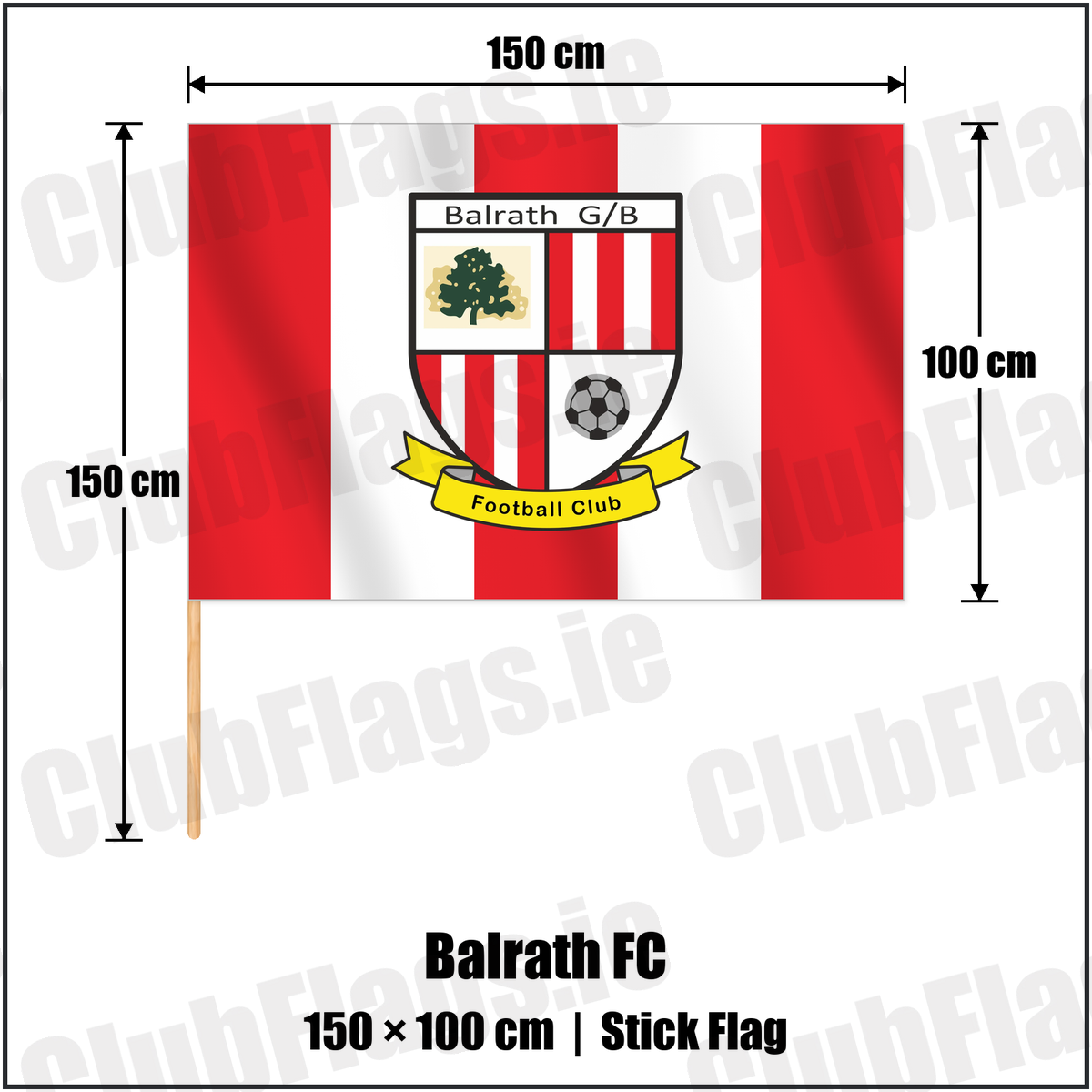 Balrath FC 100cm x 150cm Stick Flag with the club crest and colours, Meath Football - ClubFlags.ie