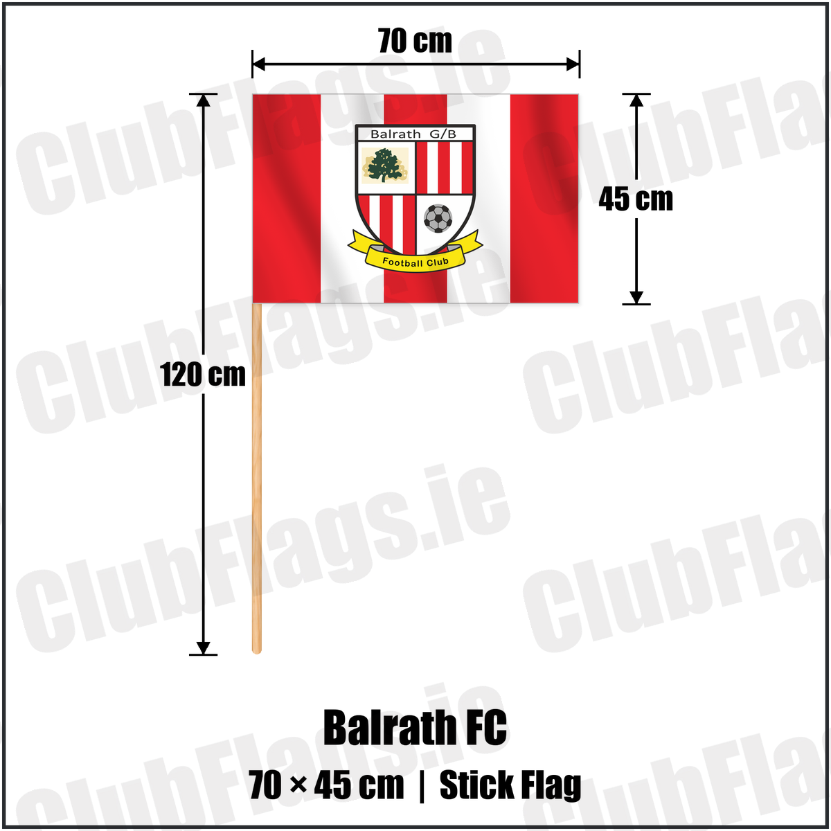 Balrath FC 45cm x 70cm Stick Flag with the club crest and colours, Meath Football - ClubFlags.ie