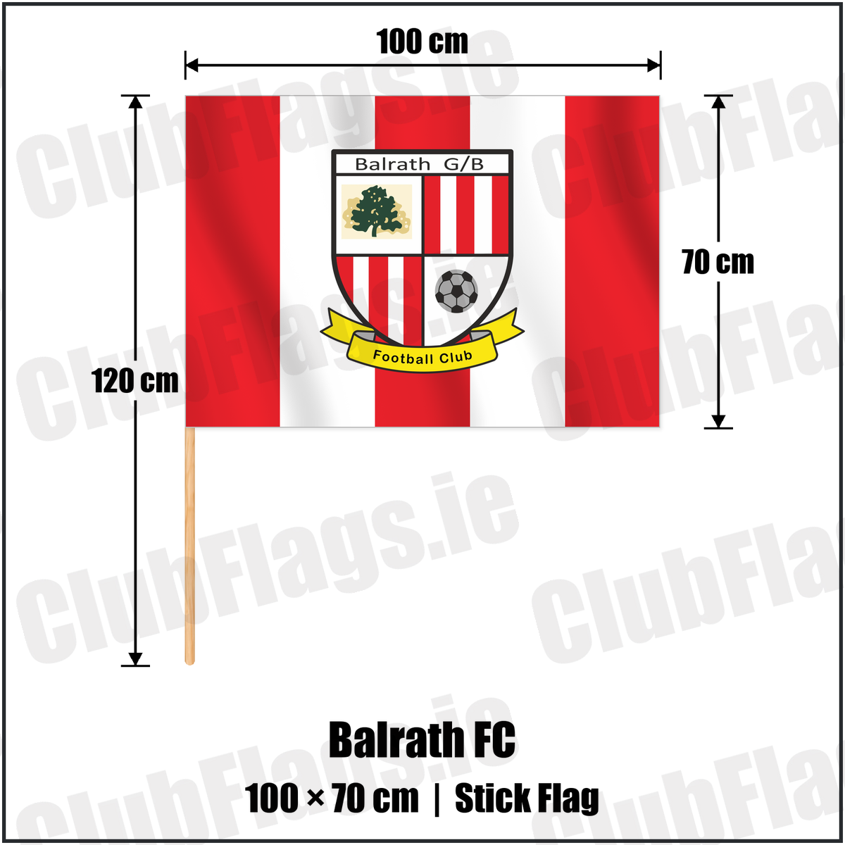 Balrath FC 70cm x 100cm Stick Flag with the club crest and colours, Meath Football - ClubFlags.ie