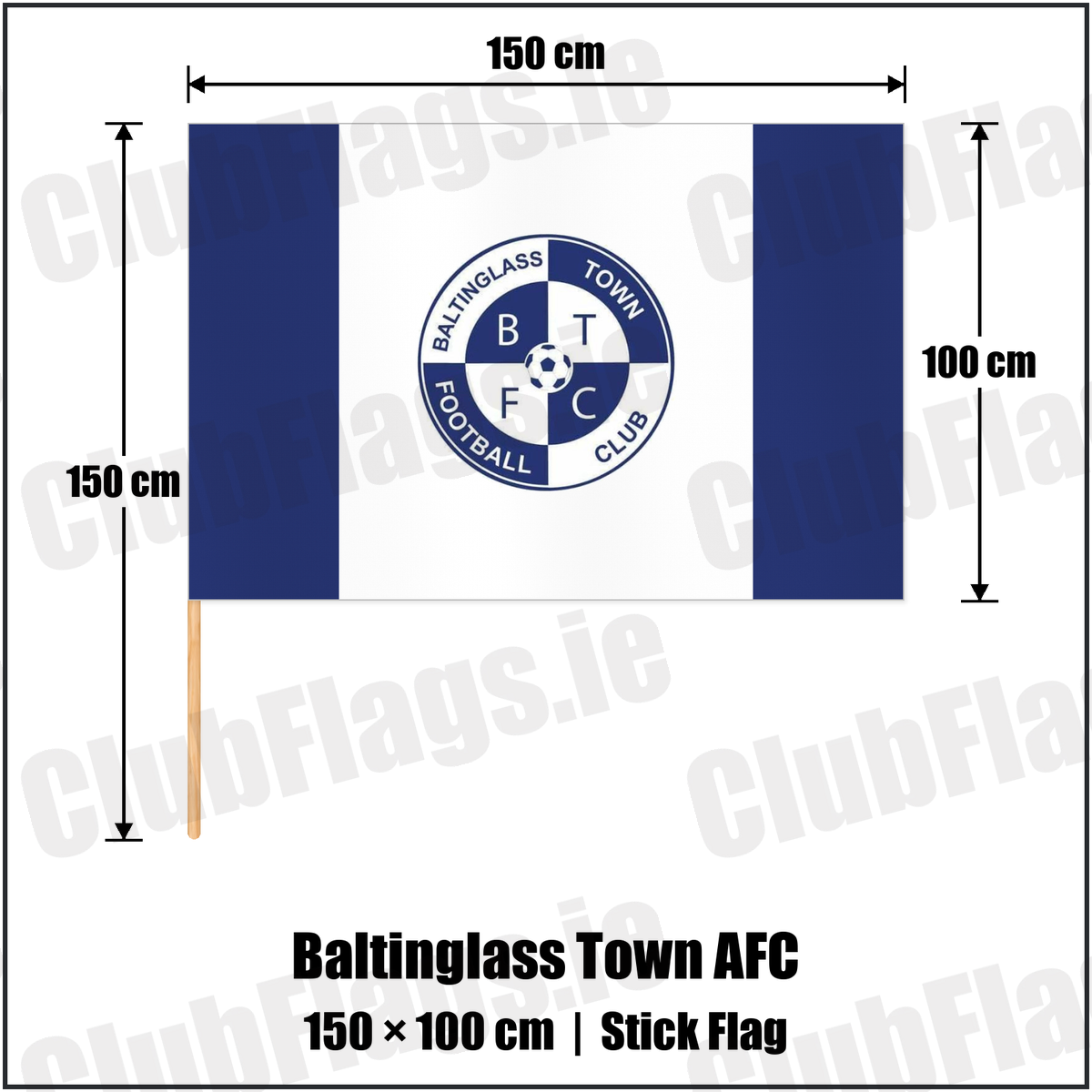 Baltinglass Town AFC 100cm x 150cm Stick Flag with the club crest and colours, Wicklow Football - ClubFlags.ie