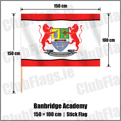 Banbridge Academy 100cm x 150cm Stick Flag with the club crest and colours, Down Rugby - ClubFlags.ie