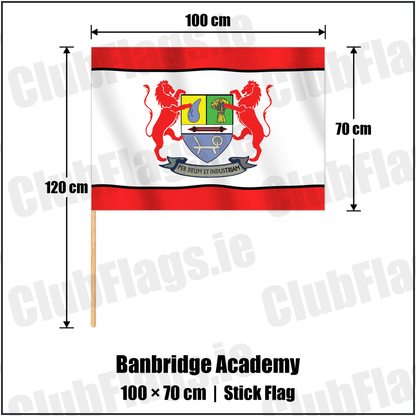 Banbridge Academy 70cm x 100cm Stick Flag with the club crest and colours, Down Rugby - ClubFlags.ie