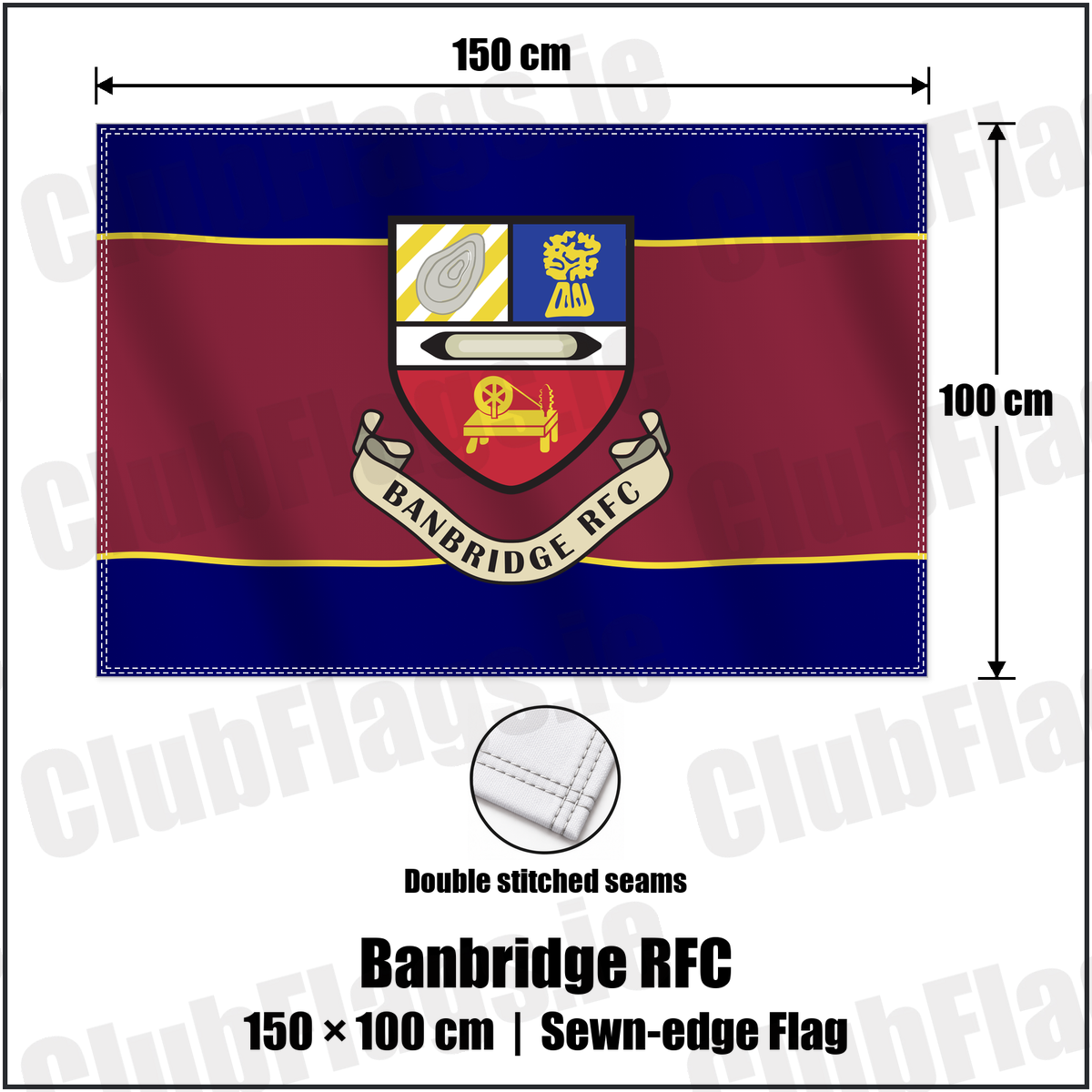 Banbridge RFC 100cm x 150cm Flag (sewn on the edges) with the club crest and colours, Down Rugby - ClubFlags.ie