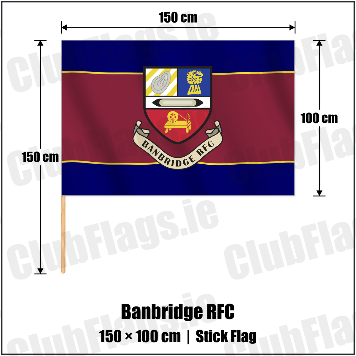 Banbridge RFC 100cm x 150cm Stick Flag with the club crest and colours, Down Rugby - ClubFlags.ie