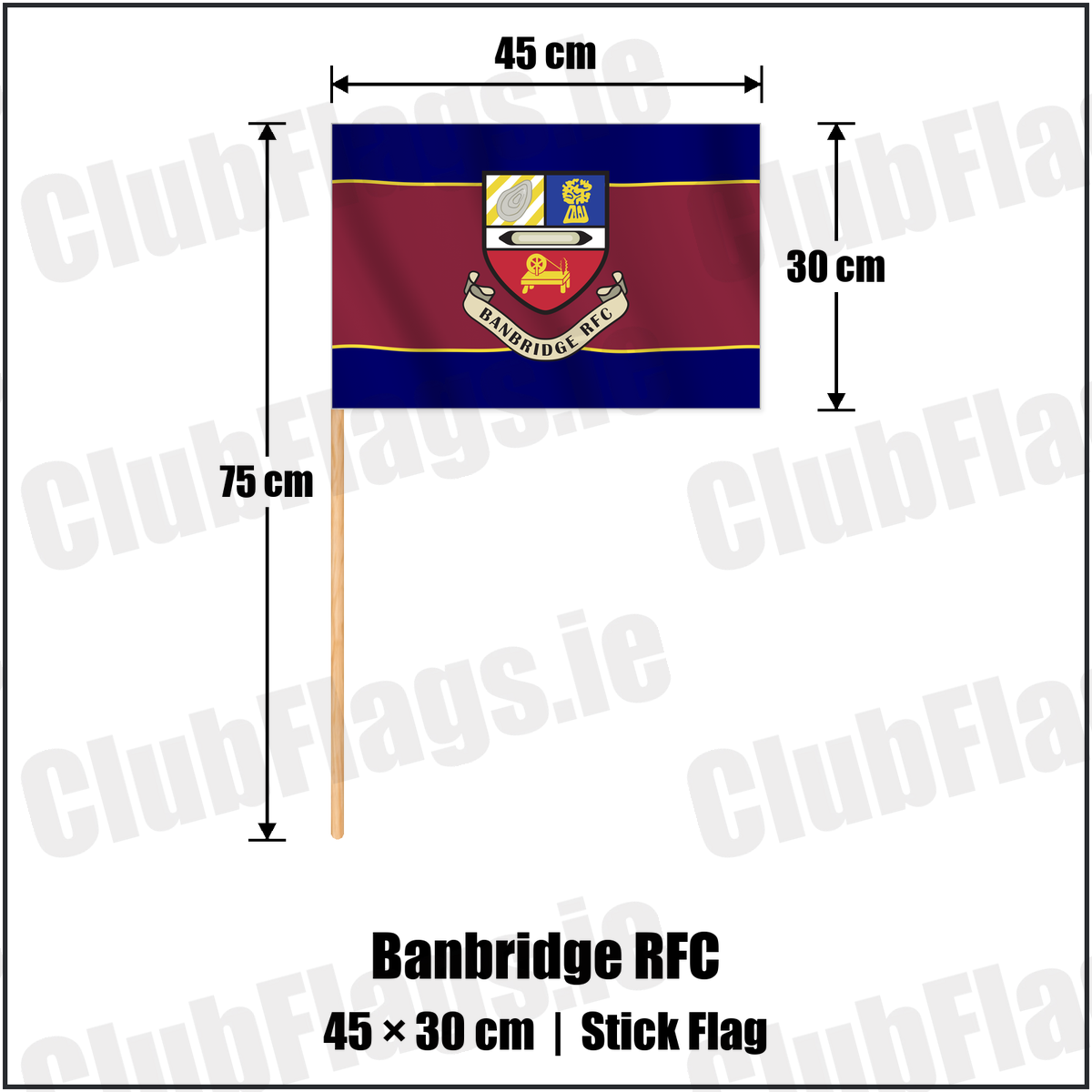 Banbridge RFC 30cm x 45cm Stick Flag with the club crest and colours, Down Rugby - ClubFlags.ie