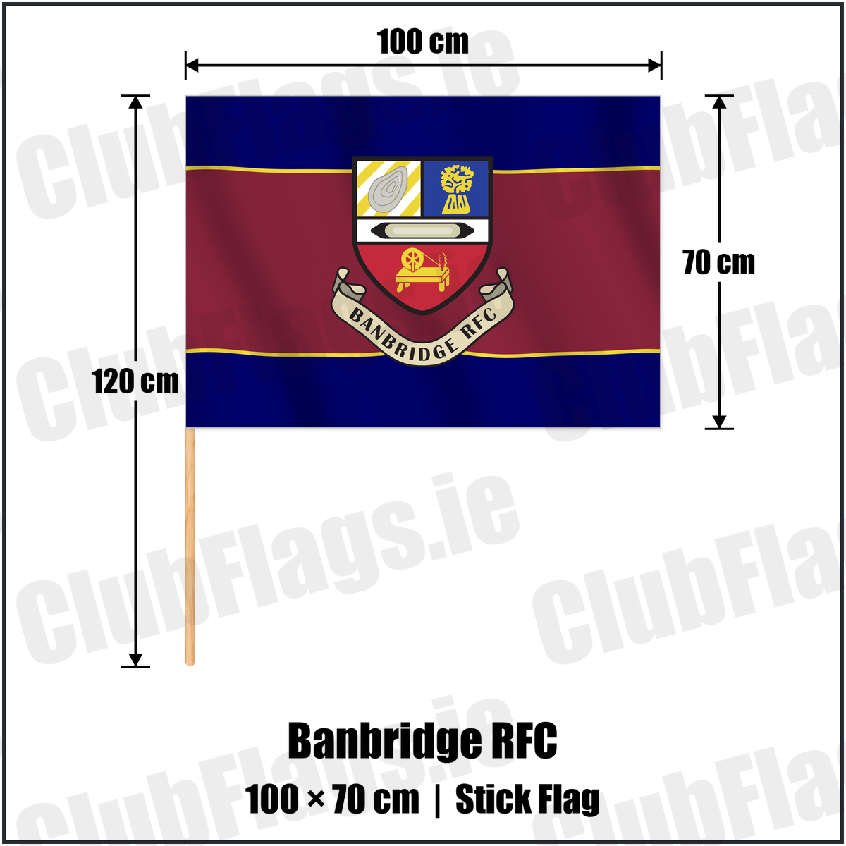 Banbridge RFC 70cm x 100cm Stick Flag with the club crest and colours, Down Rugby - ClubFlags.ie