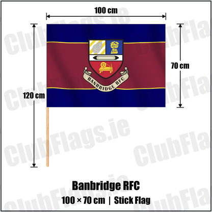 Banbridge RFC 70cm x 100cm Stick Flag with the club crest and colours, Down Rugby - ClubFlags.ie