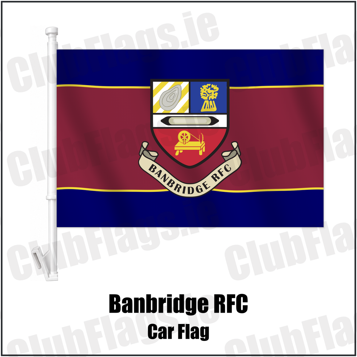 Banbridge RFC Car Flag with the club crest and colours, Down Rugby - ClubFlags.ie
