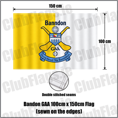 Bandon GAA, County Cork, yellow and white club flag with Bandon lettering and crossed-hurls crest; 100 x 150 cm sewn-edge flag with double stitching and seam close-up