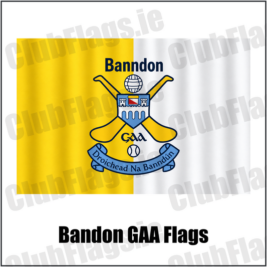Bandon GAA, County Cork, yellow and white club flag with Bandon lettering and crossed-hurls crest; realistic fabric mockup on white background