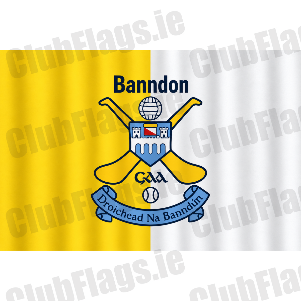 Bandon GAA, County Cork, yellow and white club flag with Bandon lettering and crossed-hurls crest; club artwork with gentle vertical fabric folds