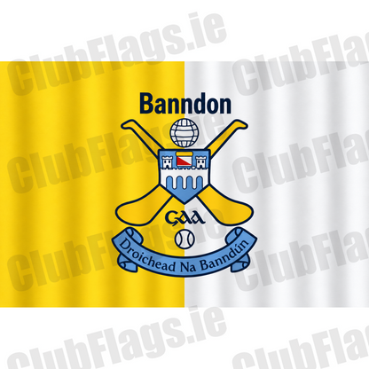 Bandon GAA, County Cork, yellow and white club flag with Bandon lettering and crossed-hurls crest; club artwork with gentle vertical fabric folds