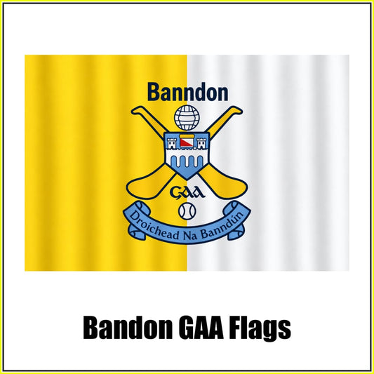 Bandon GAA, County Cork, yellow and white club flag with Bandon lettering and crossed-hurls crest; realistic fabric mockup on white background