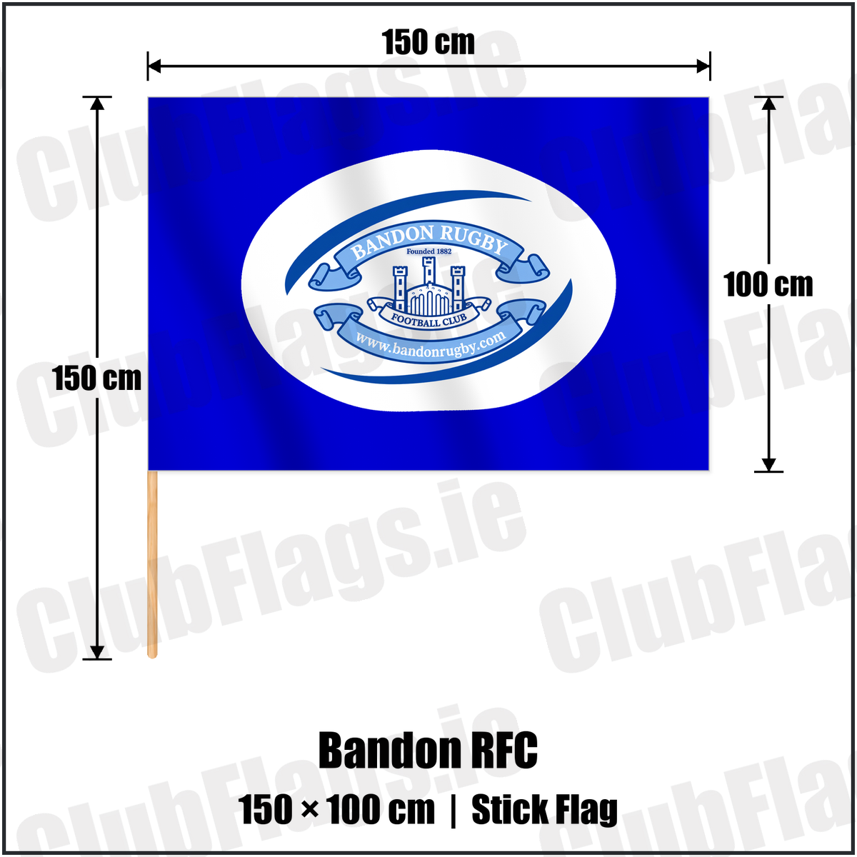 Bandon RFC 100cm x 150cm Stick Flag with the club crest and colours, Cork Rugby - ClubFlags.ie