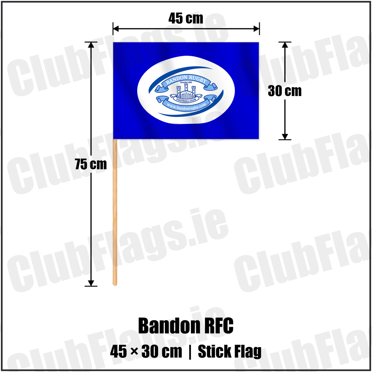 Bandon RFC 30cm x 45cm Stick Flag with the club crest and colours, Cork Rugby - ClubFlags.ie