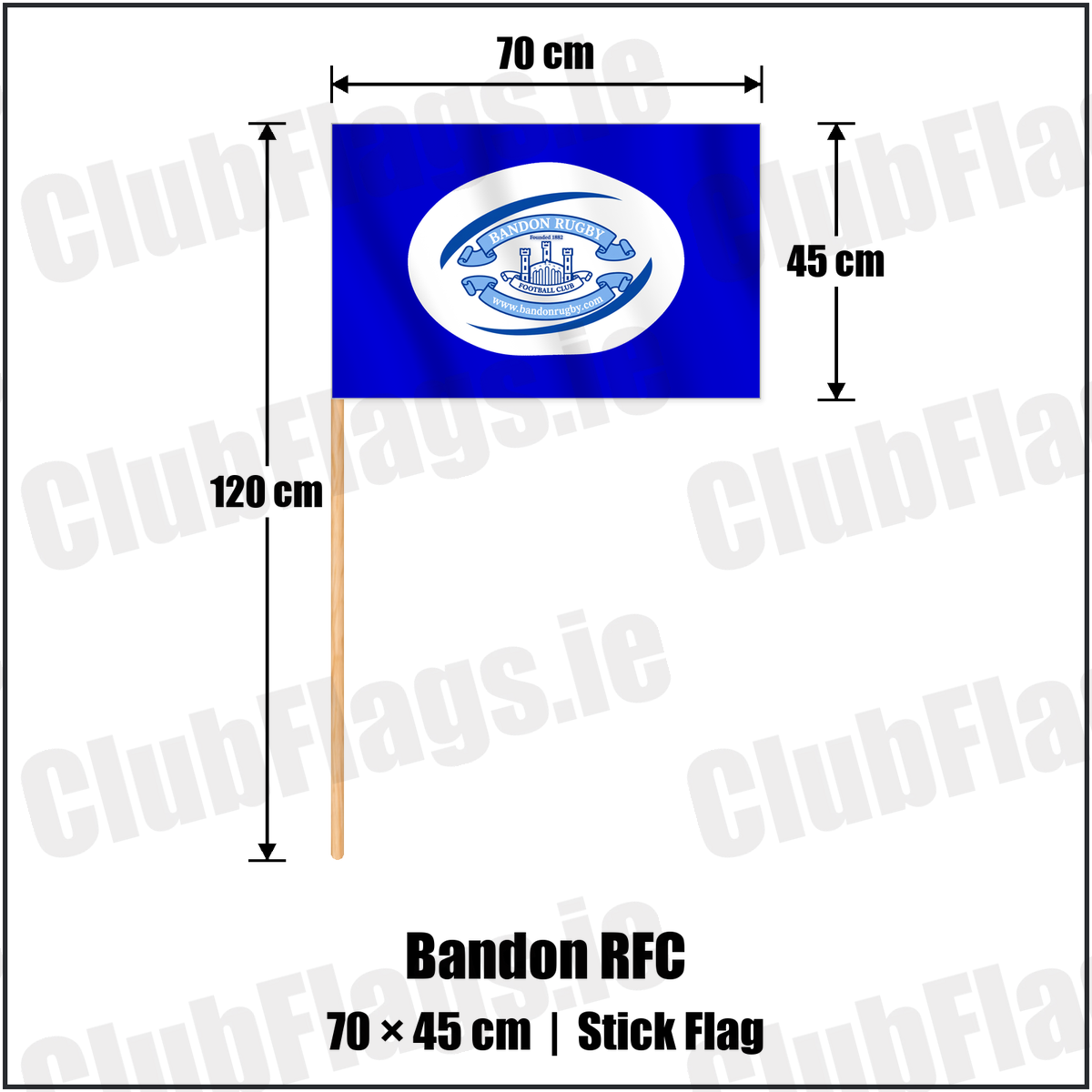 Bandon RFC 45cm x 70cm Stick Flag with the club crest and colours, Cork Rugby - ClubFlags.ie