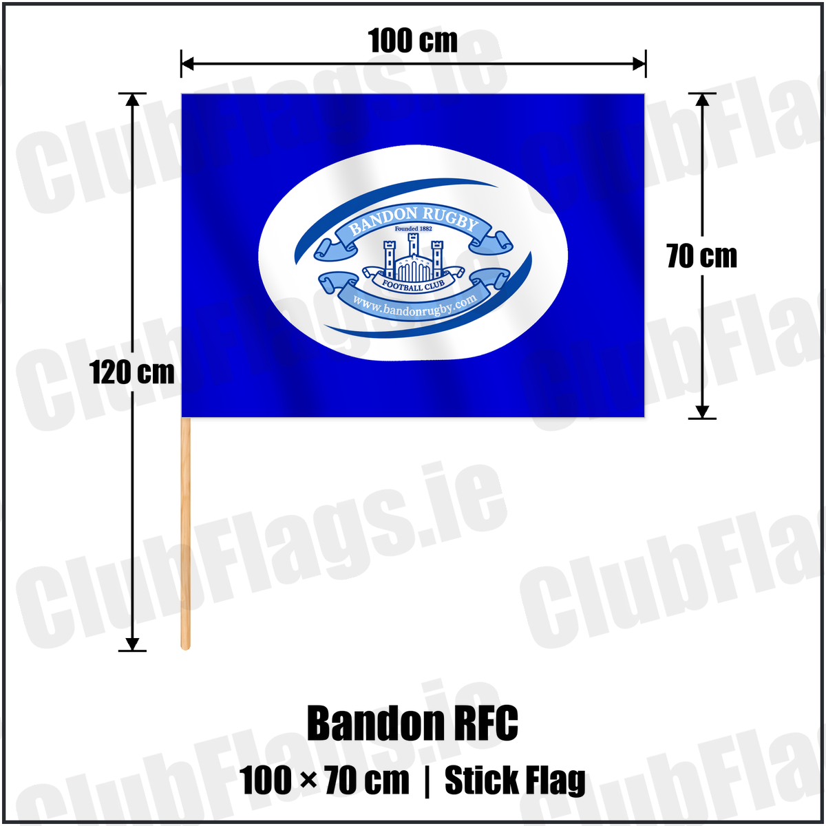 Bandon RFC 70cm x 100cm Stick Flag with the club crest and colours, Cork Rugby - ClubFlags.ie