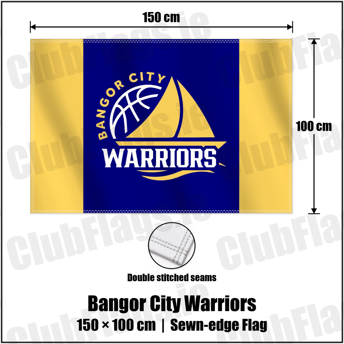 Bangor City Warriors 100cm x 150cm Flag (sewn on the edges) with the club crest and colours, Down Basketball - ClubFlags.ie