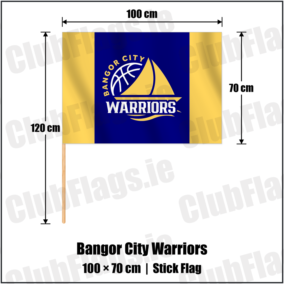 Bangor City Warriors 70cm x 100cm Stick Flag with the club crest and colours, Down Basketball - ClubFlags.ie