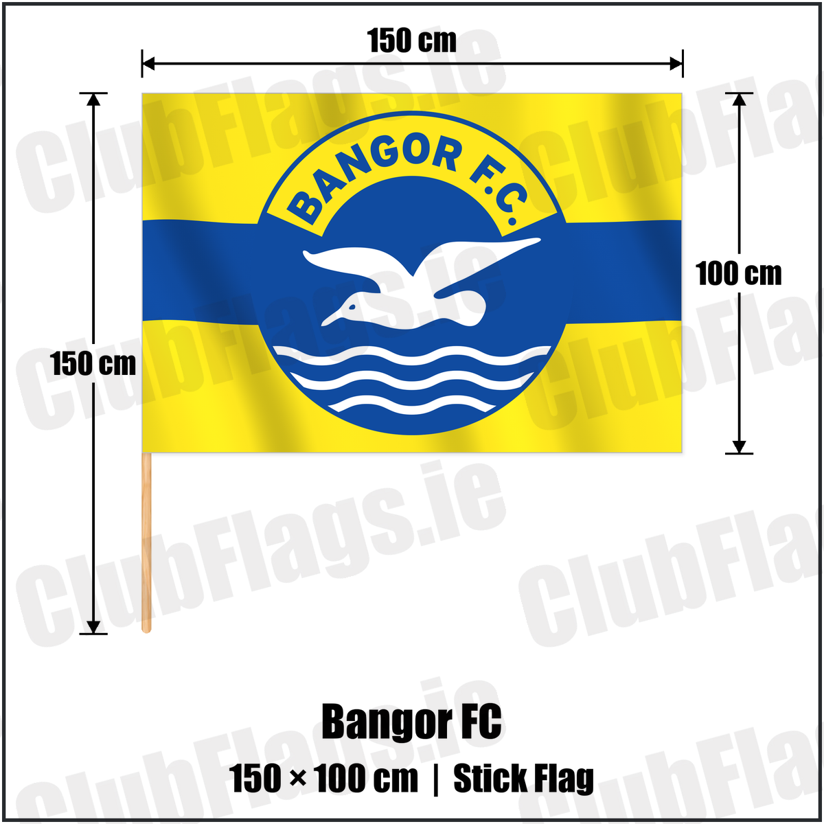 Bangor FC 100cm x 150cm Stick Flag with the club crest and colours, Down Football - ClubFlags.ie