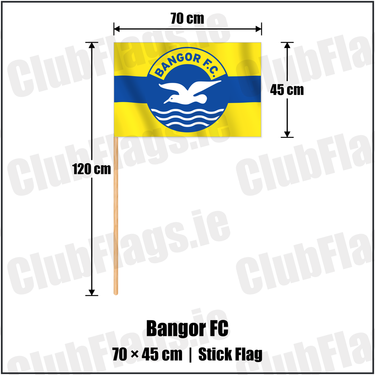 Bangor FC 45cm x 70cm Stick Flag with the club crest and colours, Down Football - ClubFlags.ie