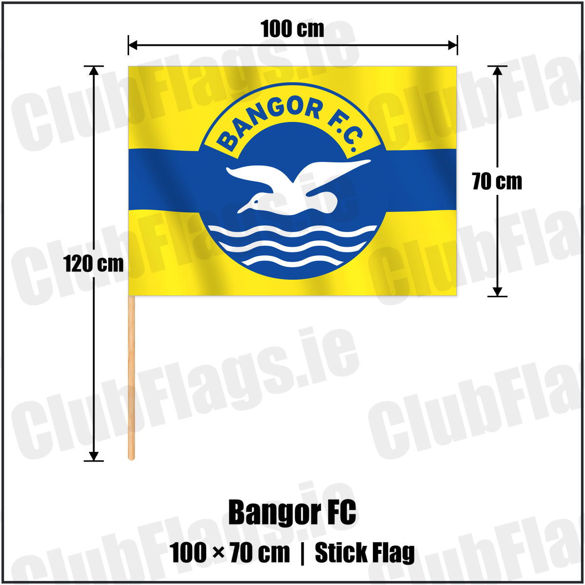 Bangor FC 70cm x 100cm Stick Flag with the club crest and colours, Down Football - ClubFlags.ie