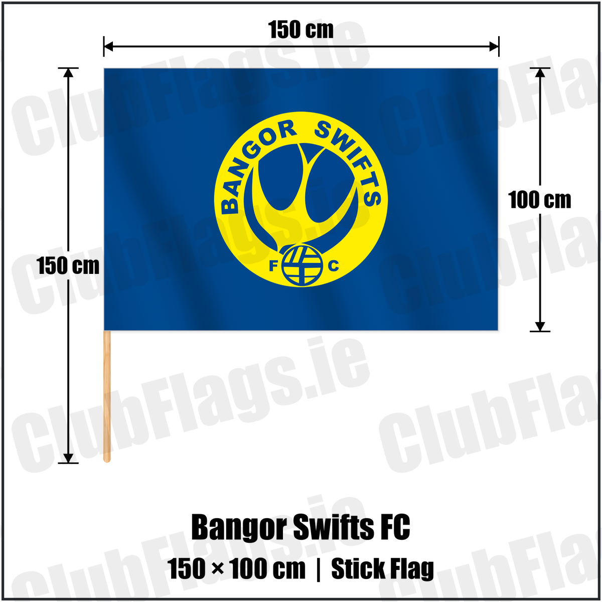 Bangor Swifts FC 100cm x 150cm Stick Flag with the club crest and colours, Down Football - ClubFlags.ie