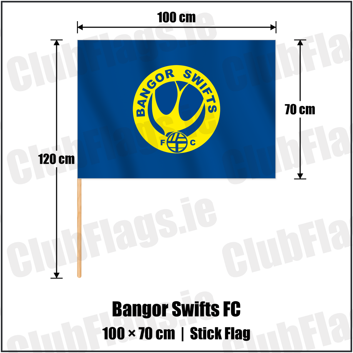 Bangor Swifts FC 70cm x 100cm Stick Flag with the club crest and colours, Down Football - ClubFlags.ie