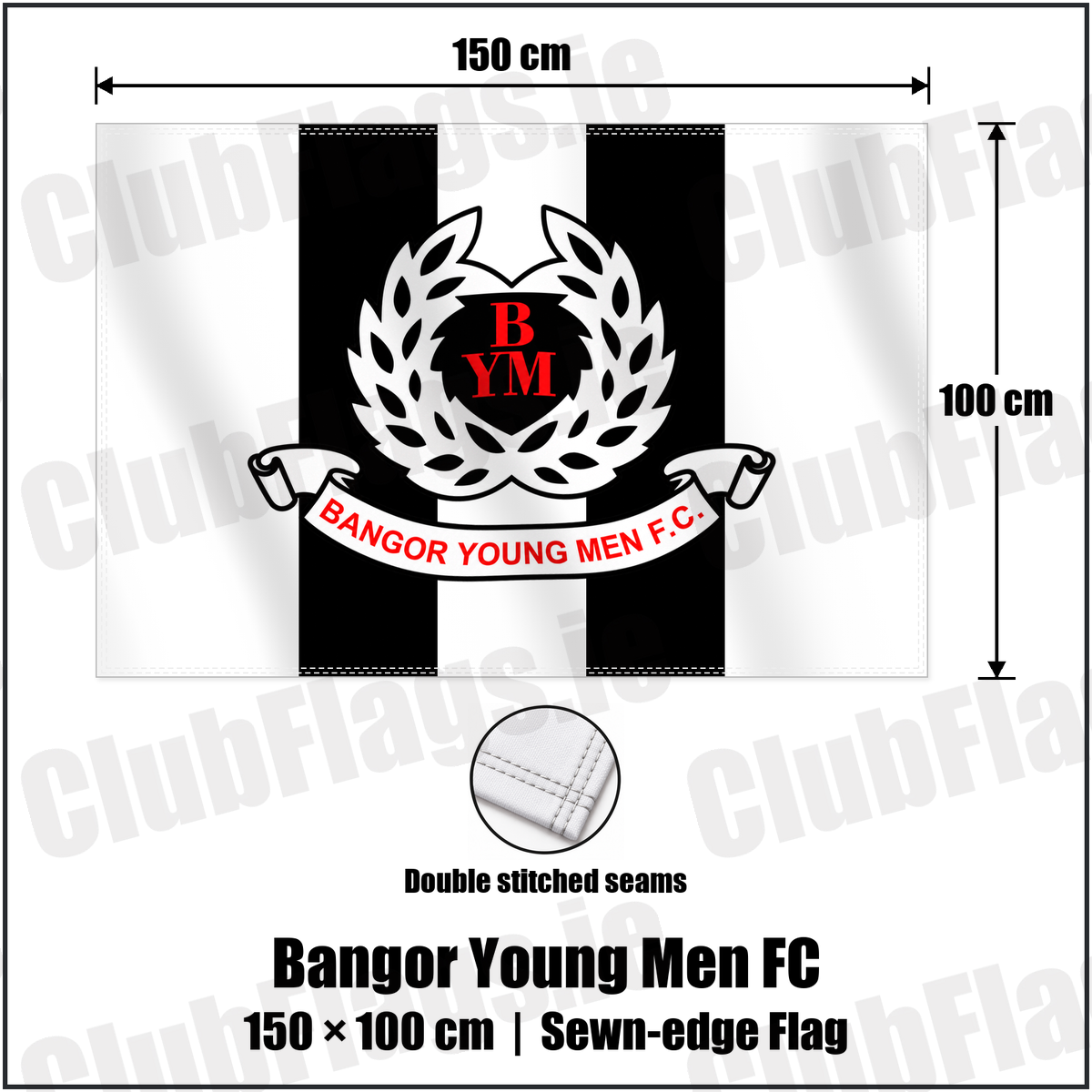 Bangor Young Men FC 100cm x 150cm Flag (sewn on the edges) with the club crest and colours, Down Football - ClubFlags.ie