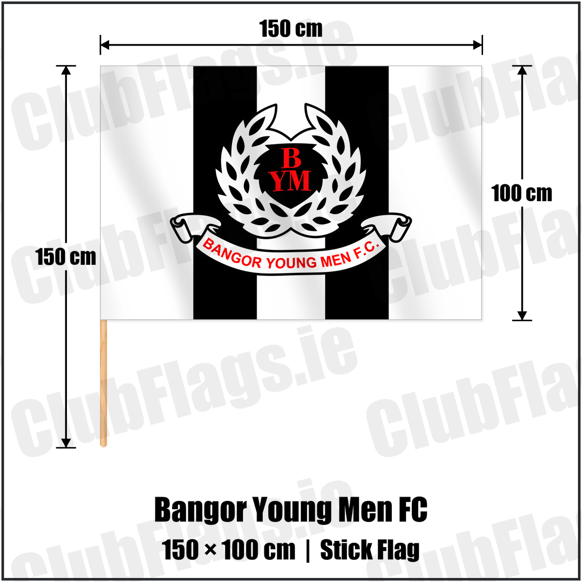 Bangor Young Men FC 100cm x 150cm Stick Flag with the club crest and colours, Down Football - ClubFlags.ie