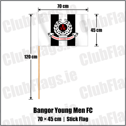 Bangor Young Men FC 45cm x 70cm Stick Flag with the club crest and colours, Down Football - ClubFlags.ie