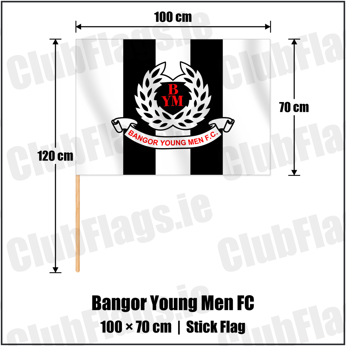 Bangor Young Men FC 70cm x 100cm Stick Flag with the club crest and colours, Down Football - ClubFlags.ie