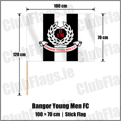 Bangor Young Men FC 70cm x 100cm Stick Flag with the club crest and colours, Down Football - ClubFlags.ie