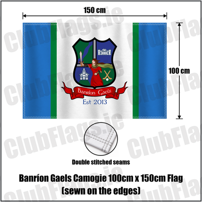 Banríon Gaels Camogie 100cm x 150cm Flag (sewn on the edges),, featuring the exact Banríon Gaels crest, red scroll and Est 2013 lettering on blue, white and green fabric; Laois camogie. ClubFlags.ie.