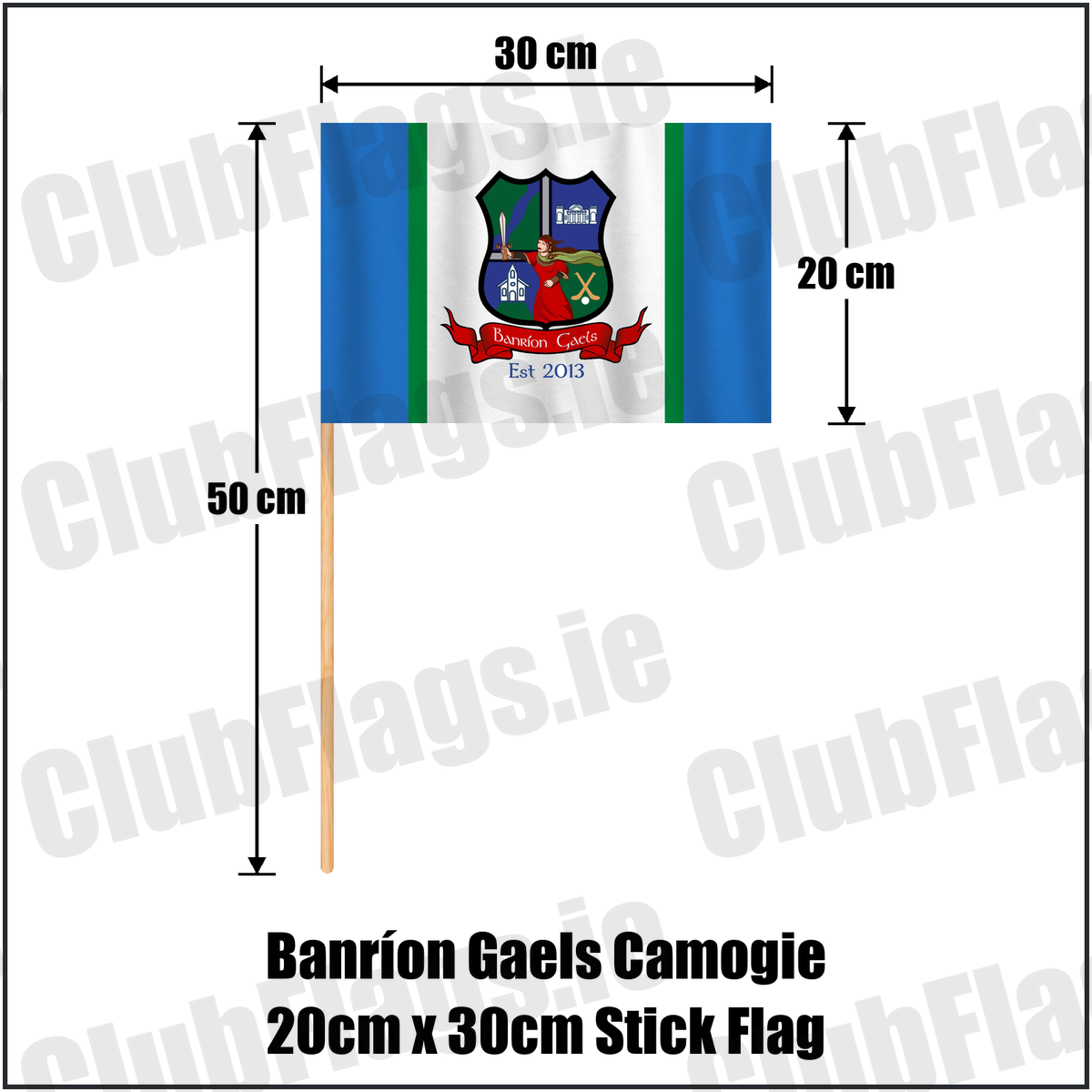 Banríon Gaels Camogie 20cm x 30cm Stick Flag,, featuring the exact Banríon Gaels crest, red scroll and Est 2013 lettering on blue, white and green fabric; Laois camogie. ClubFlags.ie.