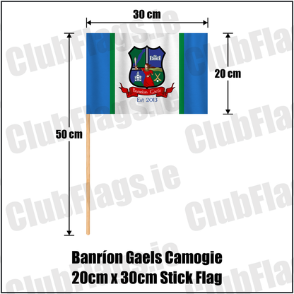 Banríon Gaels Camogie 20cm x 30cm Stick Flag,, featuring the exact Banríon Gaels crest, red scroll and Est 2013 lettering on blue, white and green fabric; Laois camogie. ClubFlags.ie.