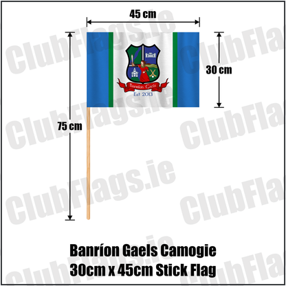 Banríon Gaels Camogie 30cm x 45cm Stick Flag,, featuring the exact Banríon Gaels crest, red scroll and Est 2013 lettering on blue, white and green fabric; Laois camogie. ClubFlags.ie.
