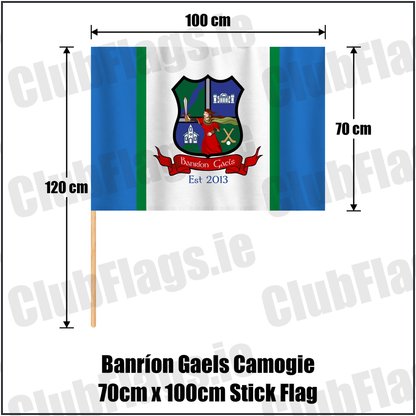 Banríon Gaels Camogie 70cm x 100cm Stick Flag,, featuring the exact Banríon Gaels crest, red scroll and Est 2013 lettering on blue, white and green fabric; Laois camogie. ClubFlags.ie.